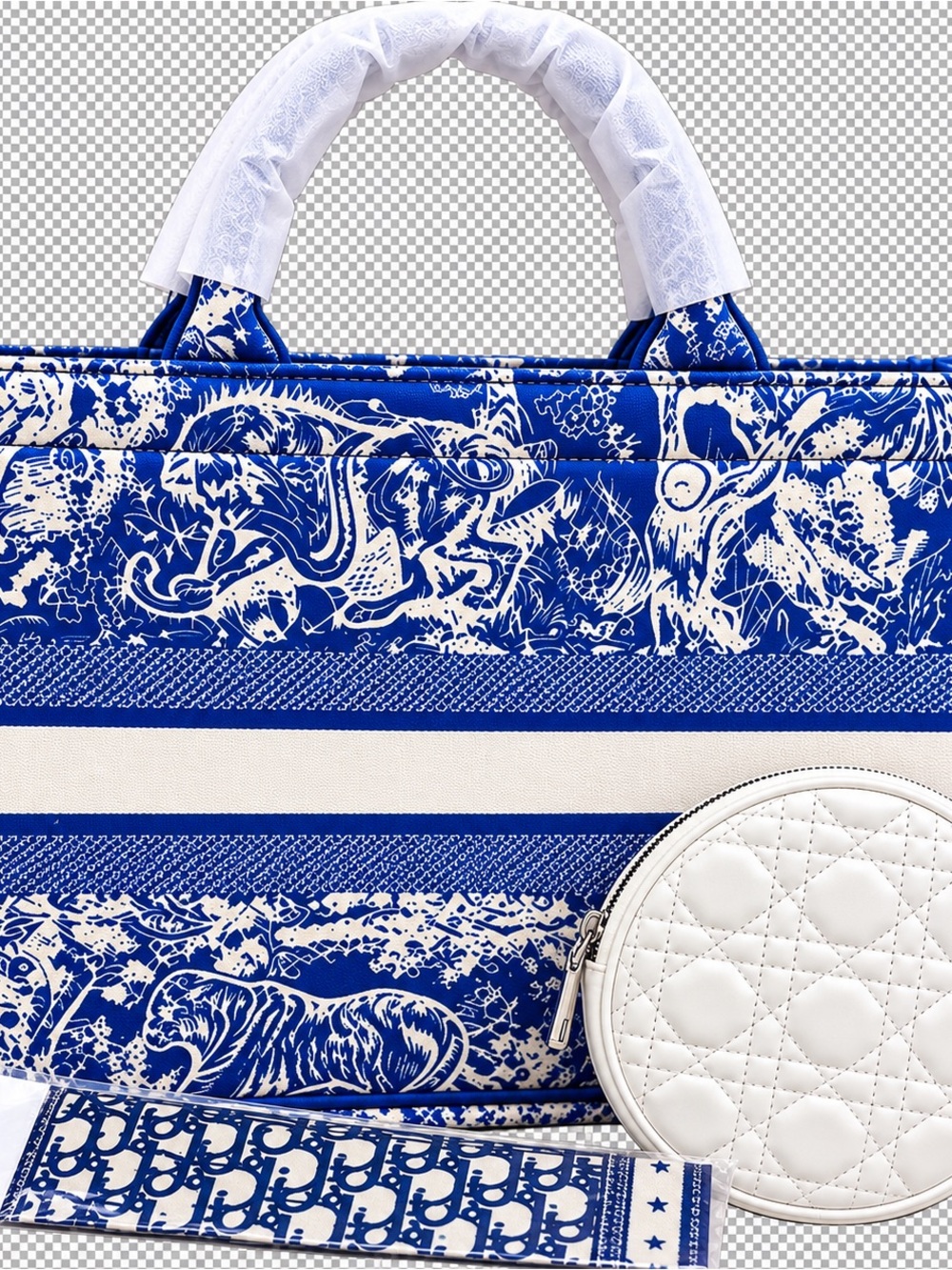 totes Blue and White Patterned Tote with White Round Pouch